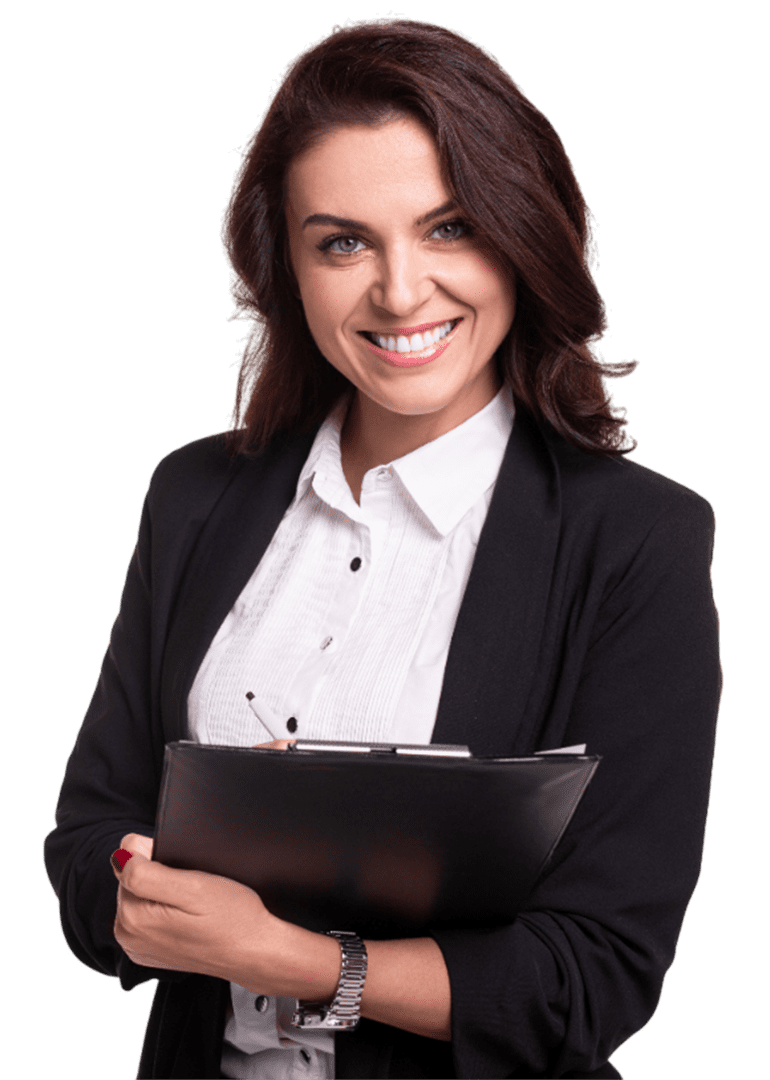 A woman in a black blazer smiles, holding a black folder. She has dark hair and is wearing a white shirt.